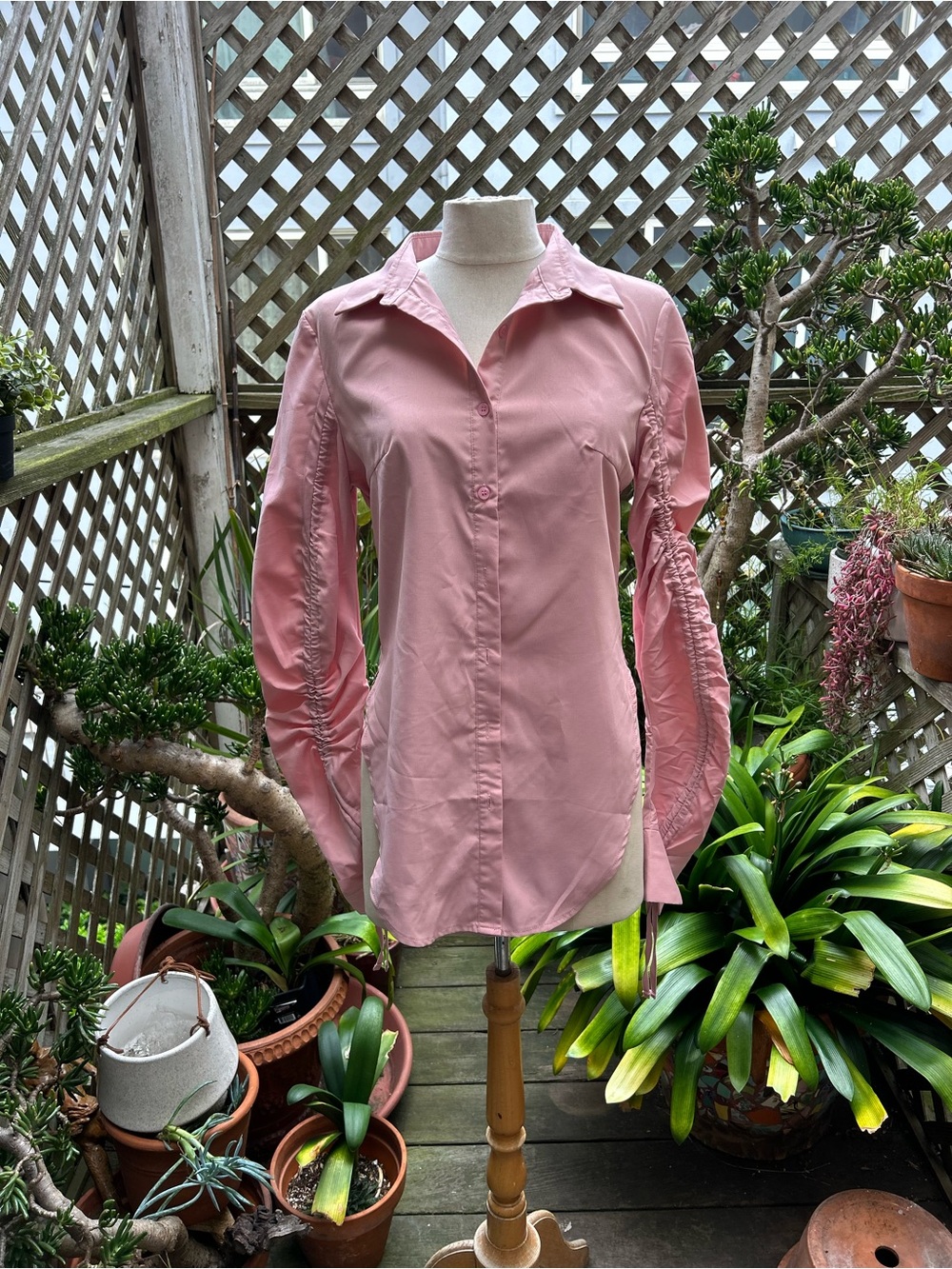 Women’s Pink Button-Down Shirt with Ruched Sleeves